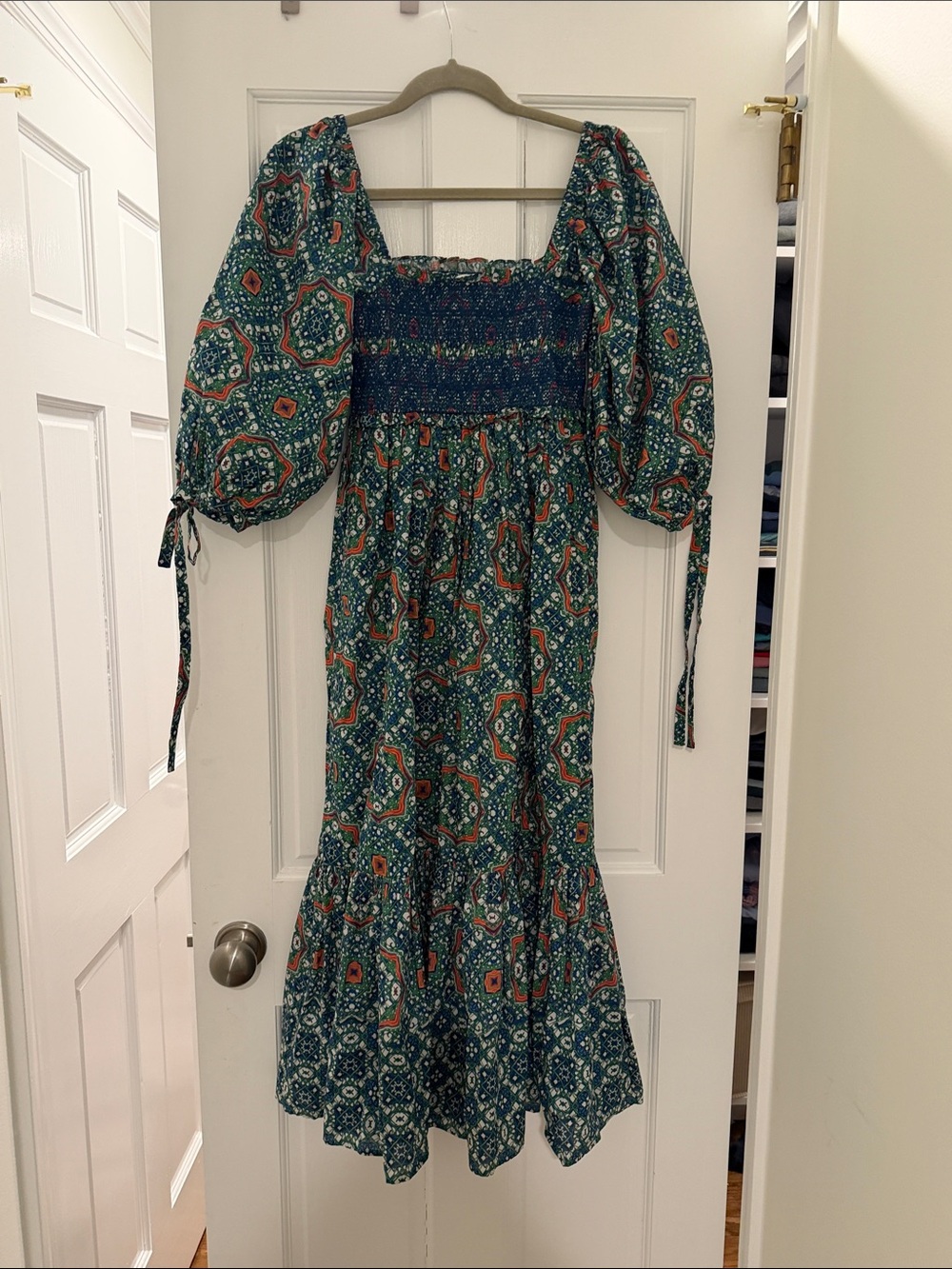 Smocked Square-Neck Midi Dress in Teal Floral